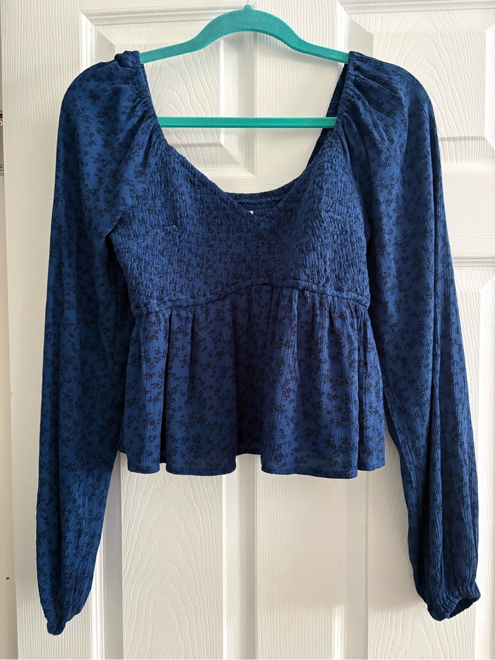 Womenβs Navy Blue Long Sleeve Smocked babydoll top